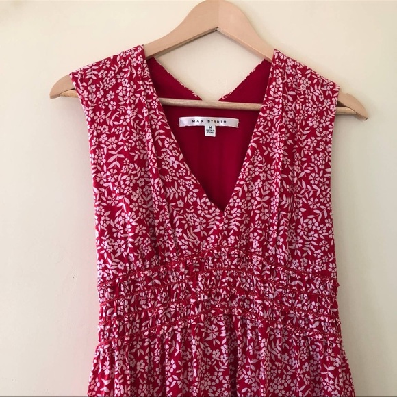 Max Studio Red White Boho Paisley Smock Waist Sun Dress:M - Picture 3 of 10